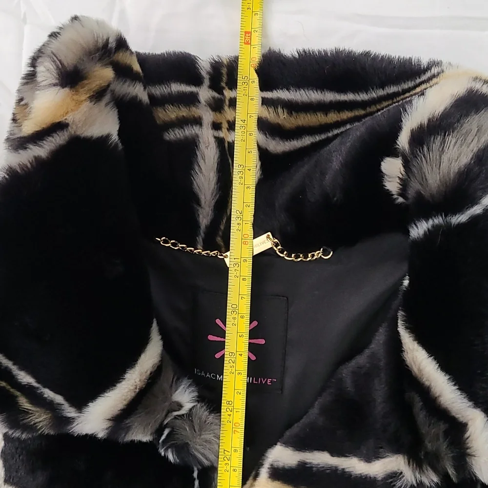 ISAAC MIZRAHI LIVE Faux Fur Dress Coat plaid, long Sz L - Picture 7 of 8